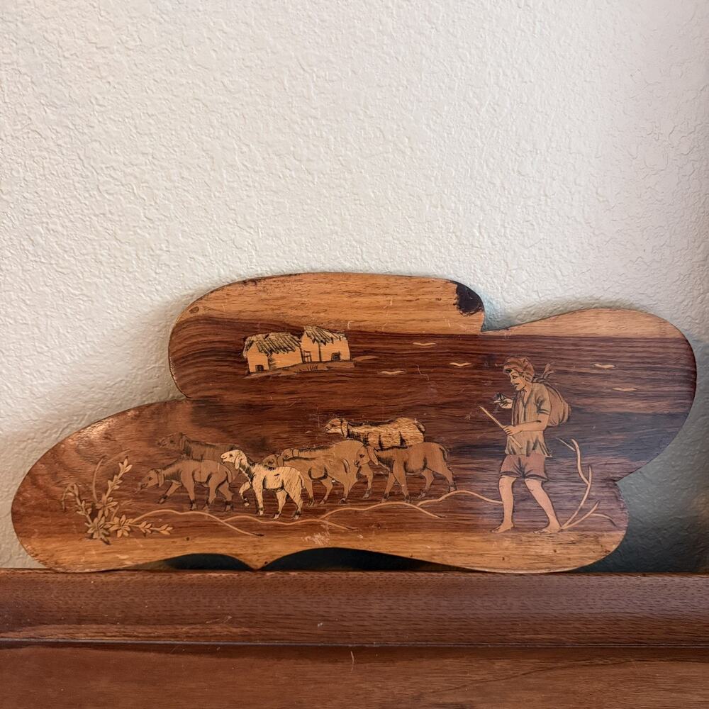 Oval Rosewood Farm Landscape Wall Art Wood Inlay Marquetry Folk Art India